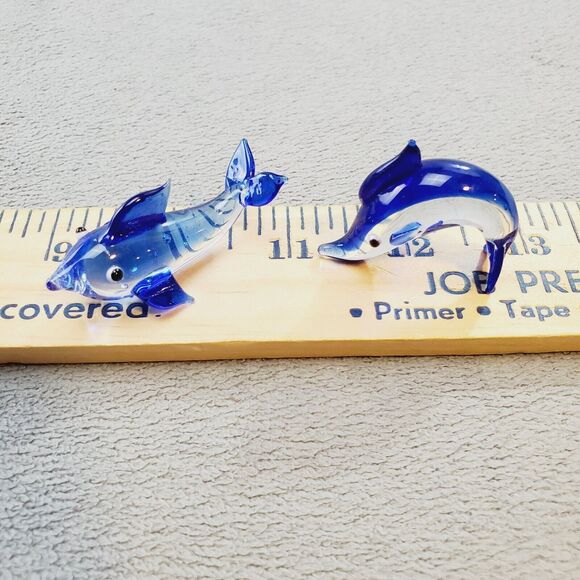 Handblown Art Glass Lamp Work Miniature Dolphin Lot Of Two Cobalt Blue Adult's - Picture 1 of 8
